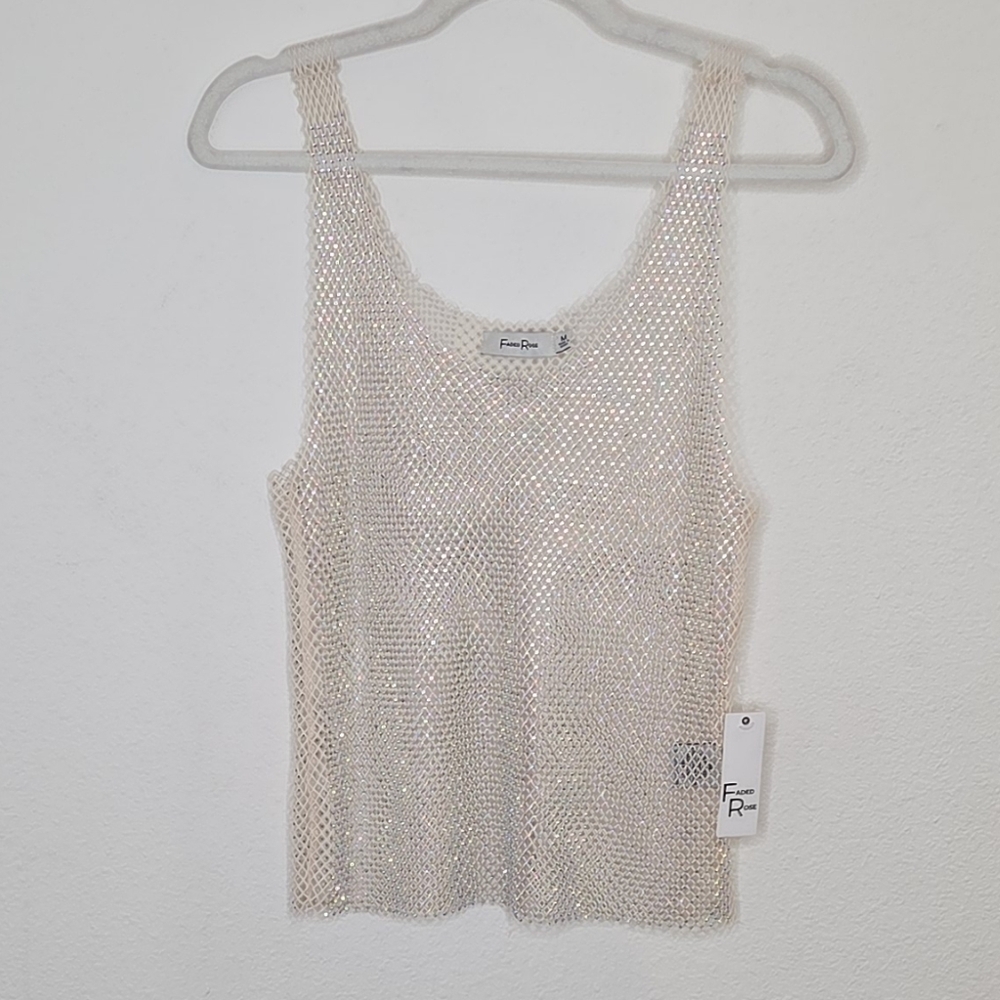 Faded Rose Mesh And Rhinestone Cream Tank Top - Size Medium - Picture 4 of 16